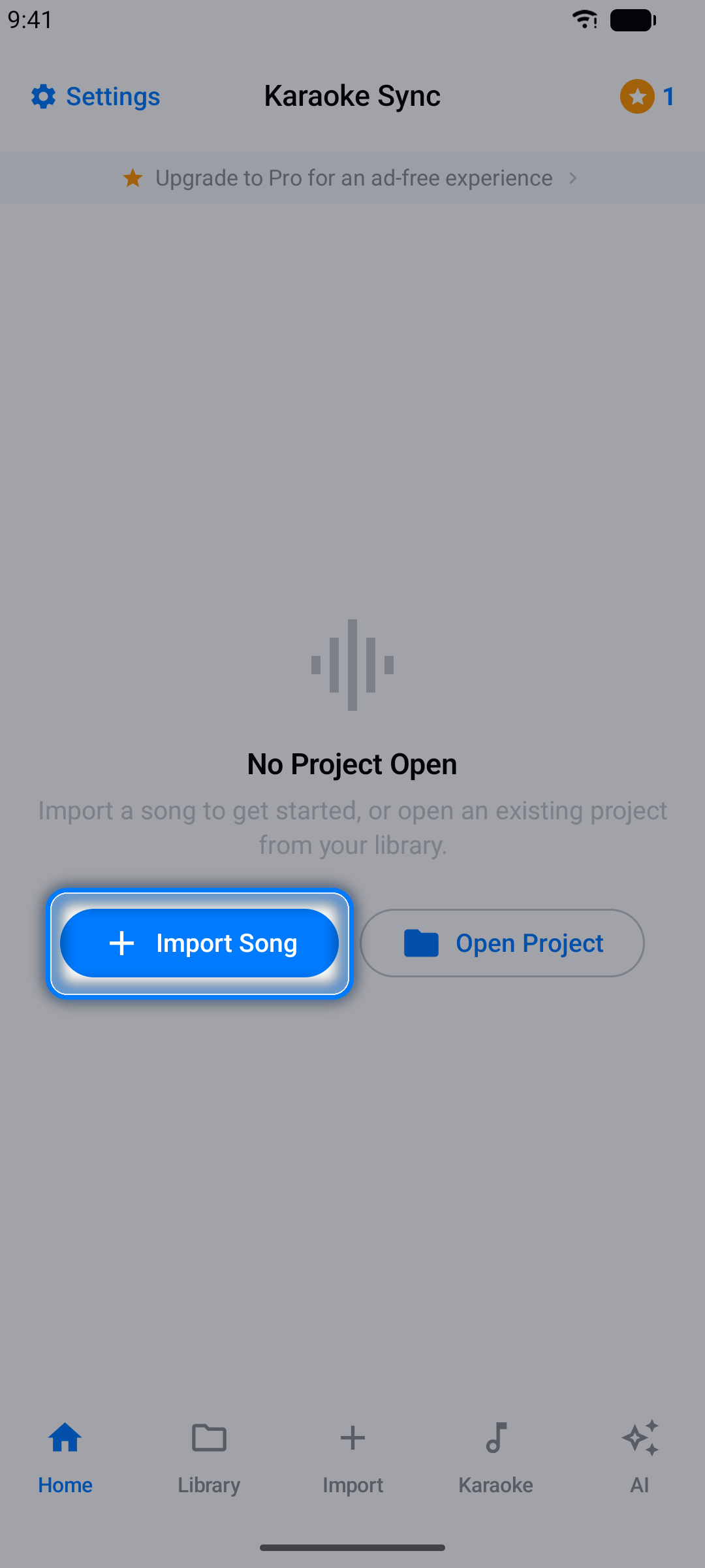 Home tab with no project open, showing the Import Song button
