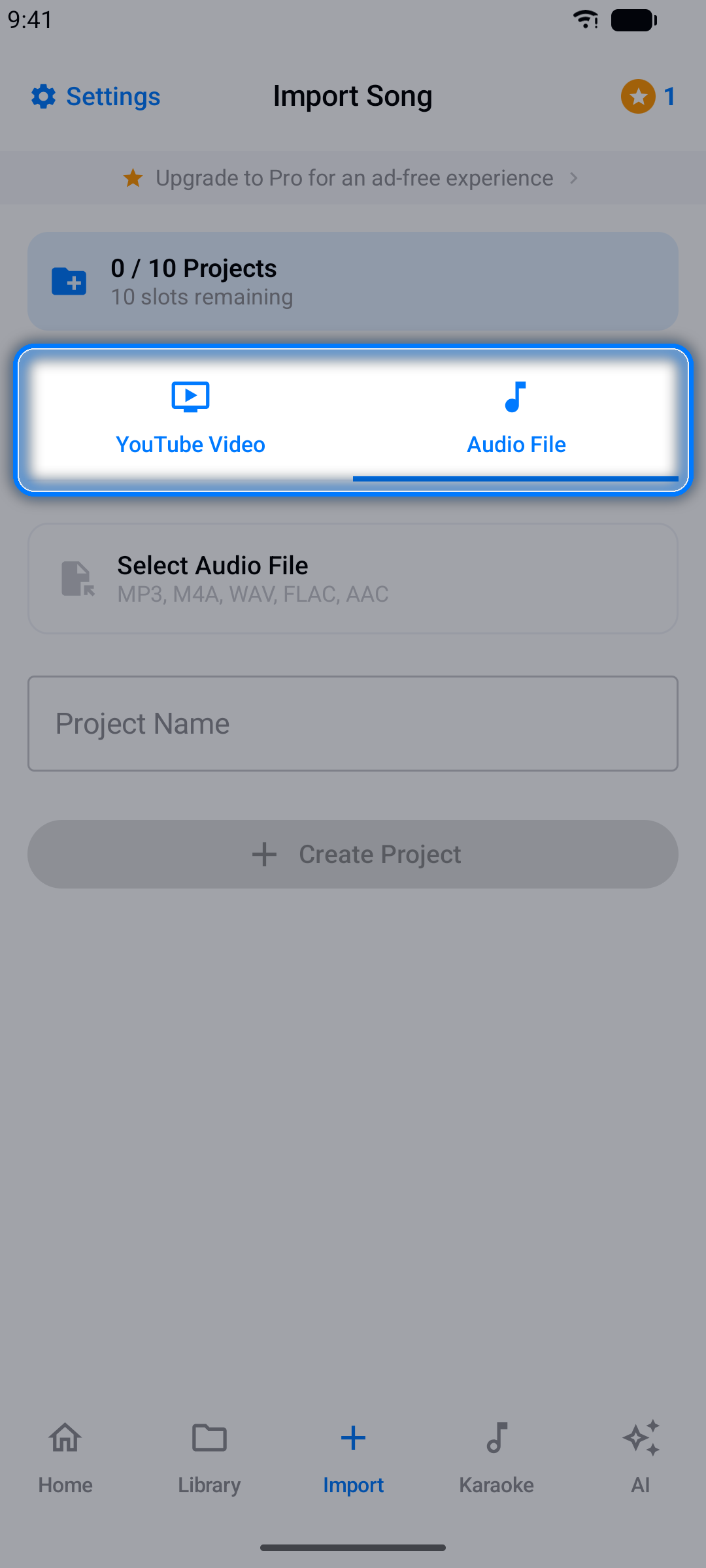 Import screen with the Audio File source selected