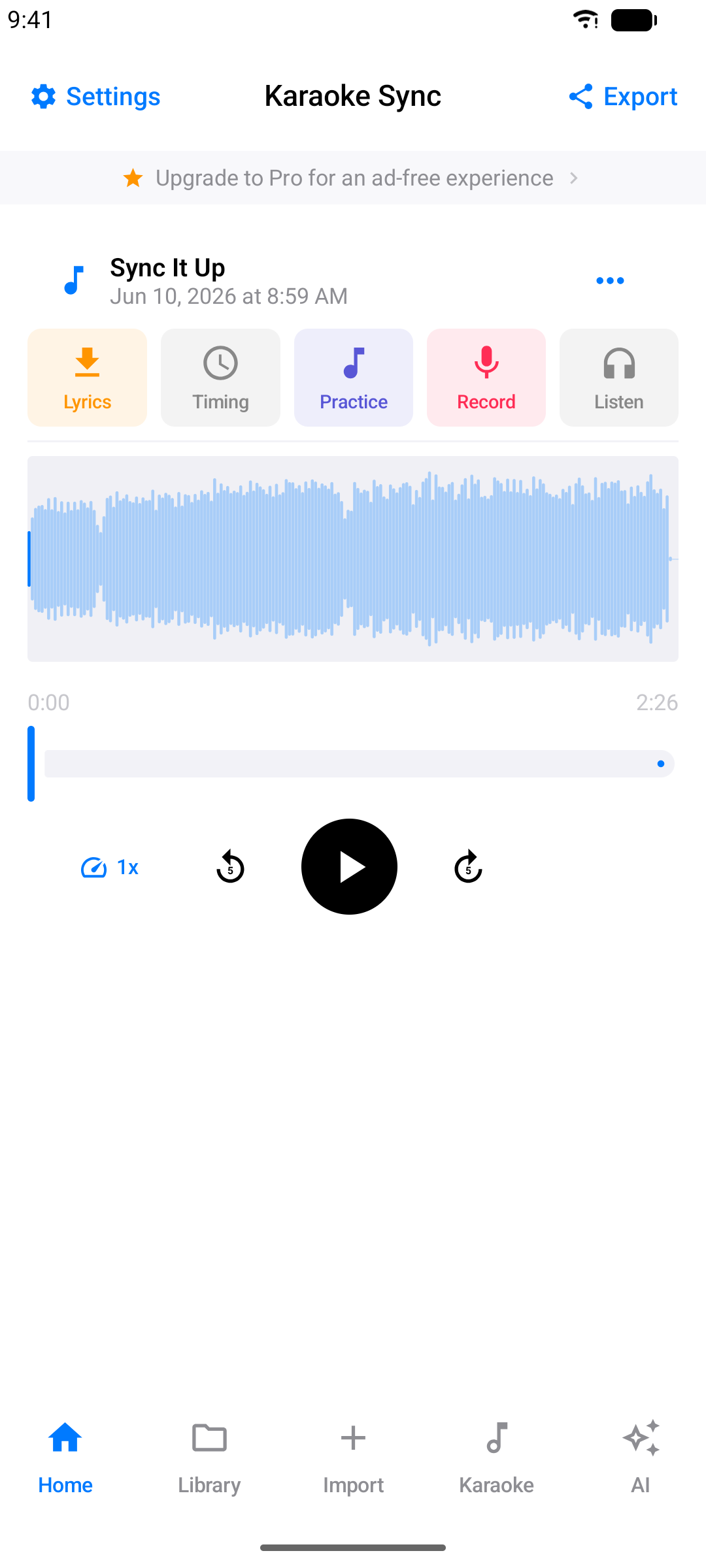 Project editor right after import, showing the audio waveform