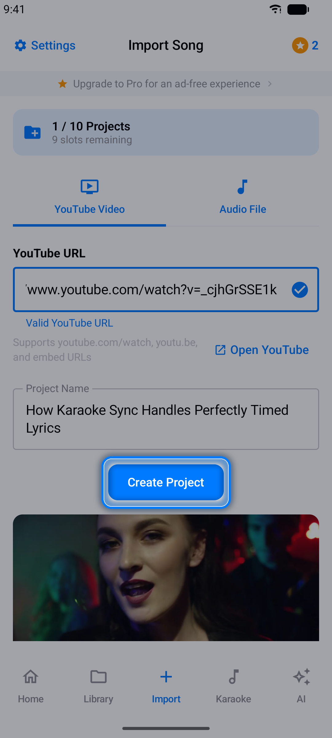 Import screen with a YouTube URL pasted and the video title filled in