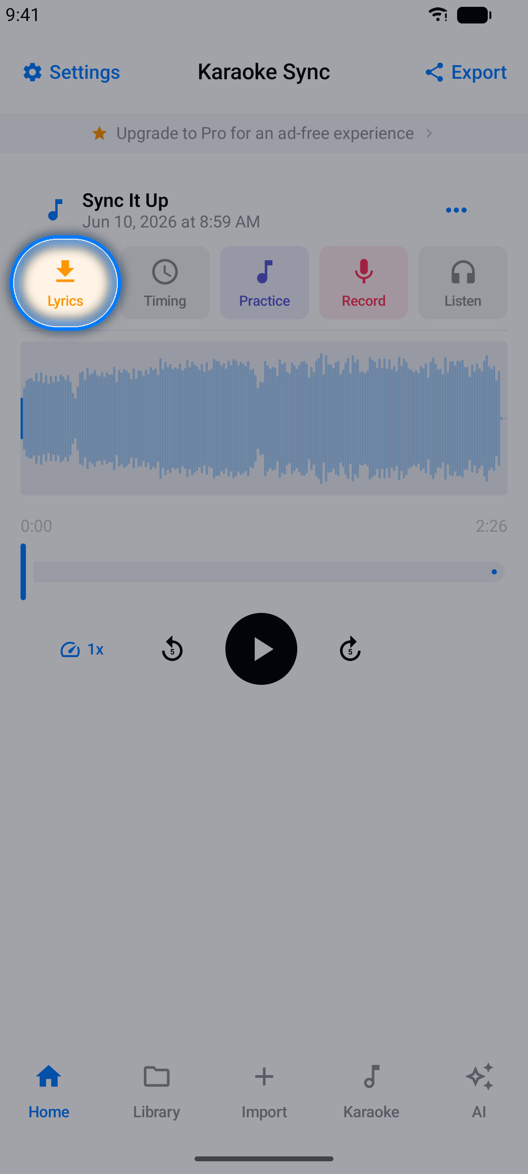 Project editor with the lyrics import button highlighted