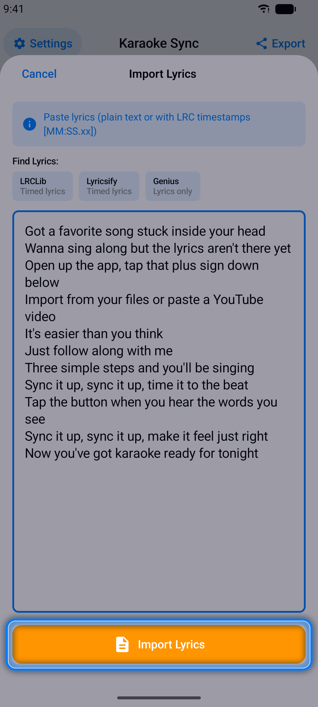 Lyrics editor with pasted lyrics and a line count