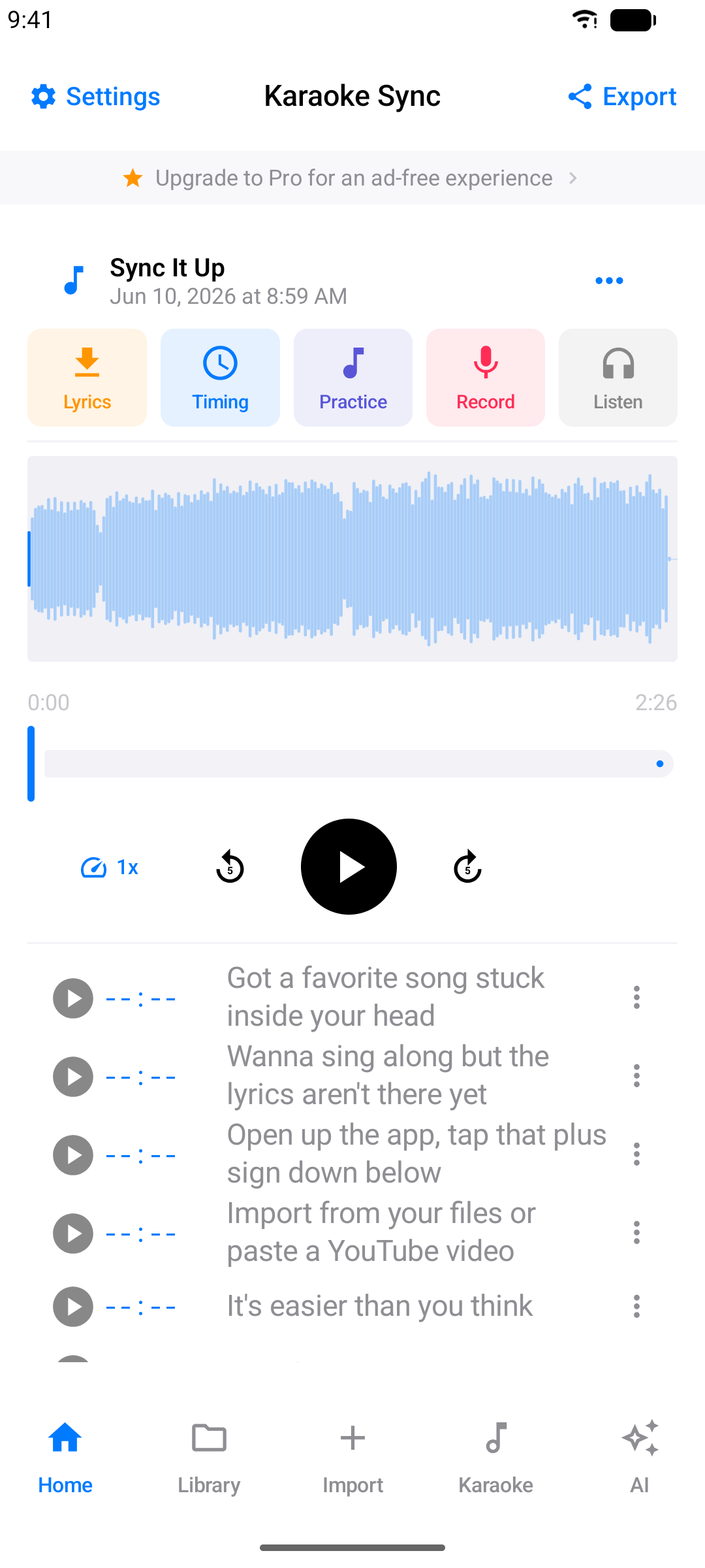 Project editor listing the imported, untimed lyric lines