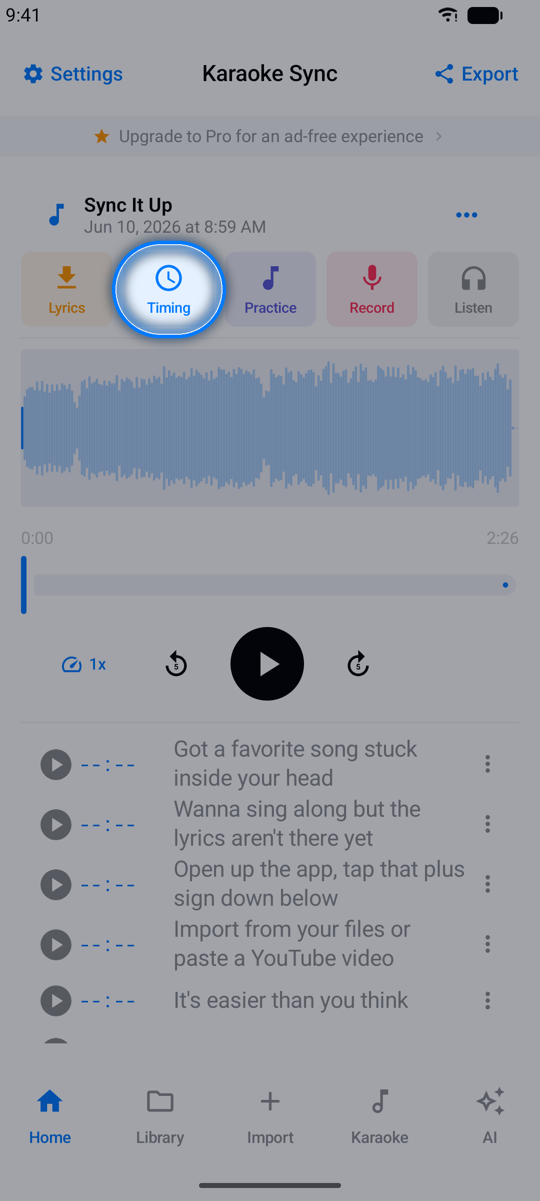 Project editor with the Timing button highlighted