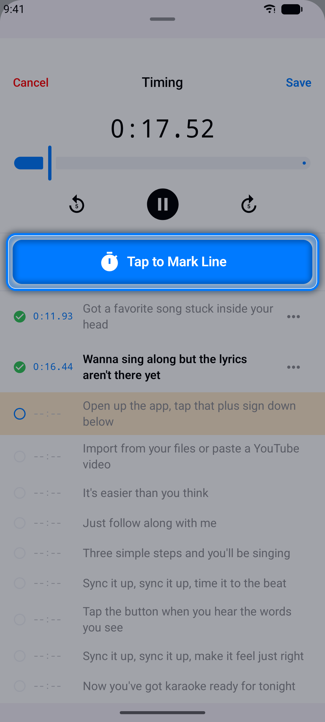 Timing in progress with the Tap to Mark Line button highlighted