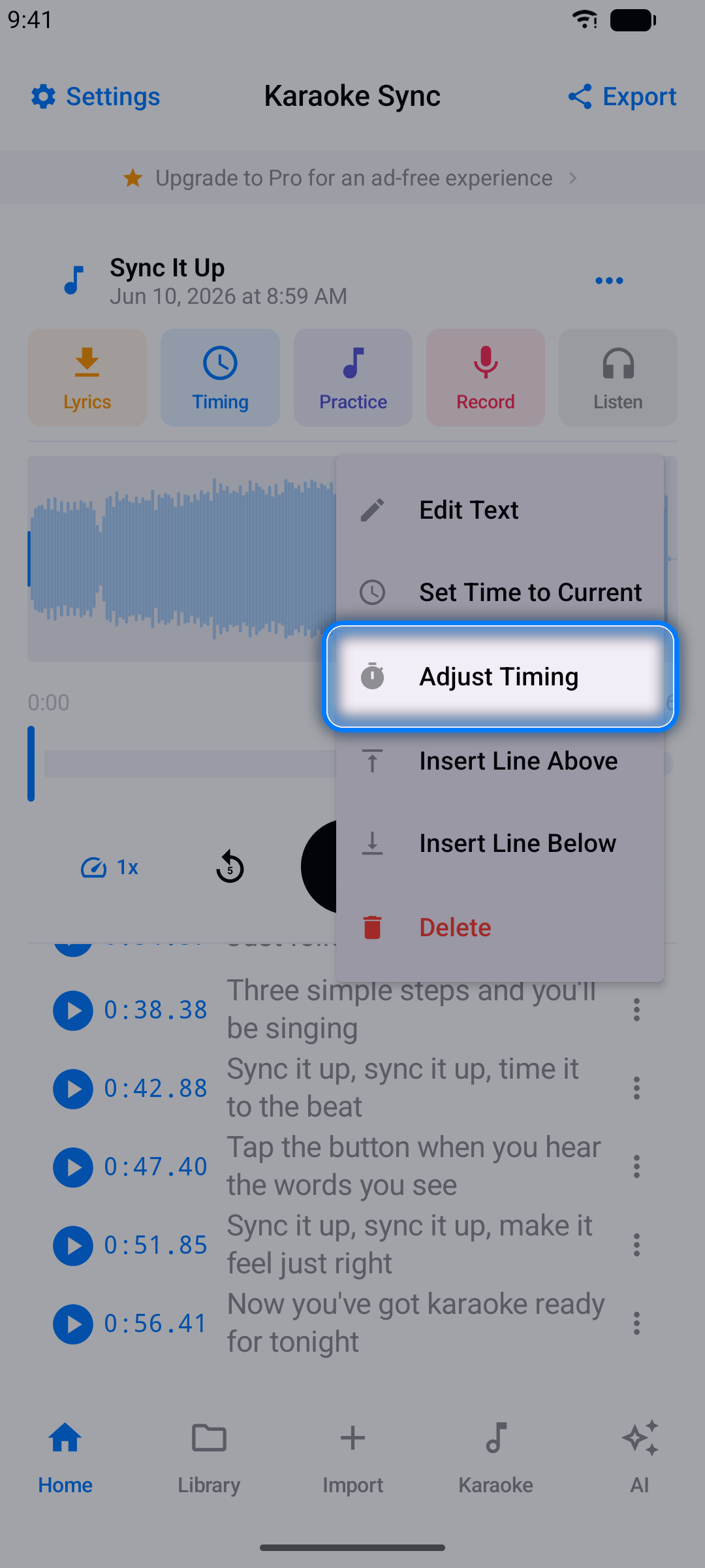 Lyric line options menu opened from the three-dot button