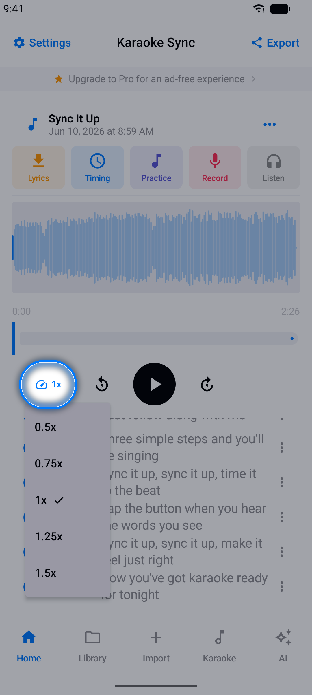 Playback controls with the speed selector highlighted