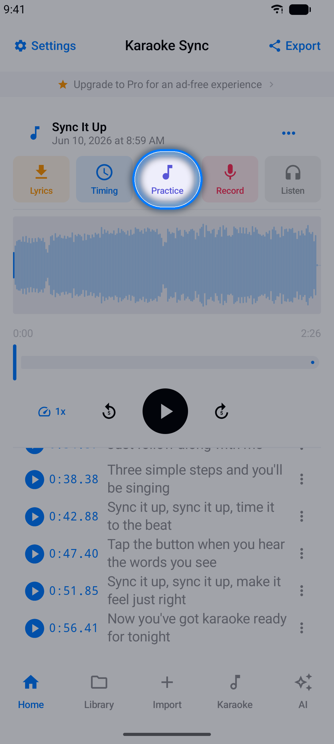 Project editor with the Practice button highlighted