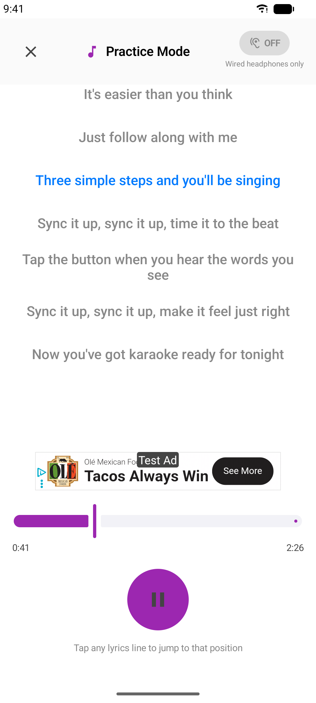 Practice mode with lyrics scrolling and the current line highlighted