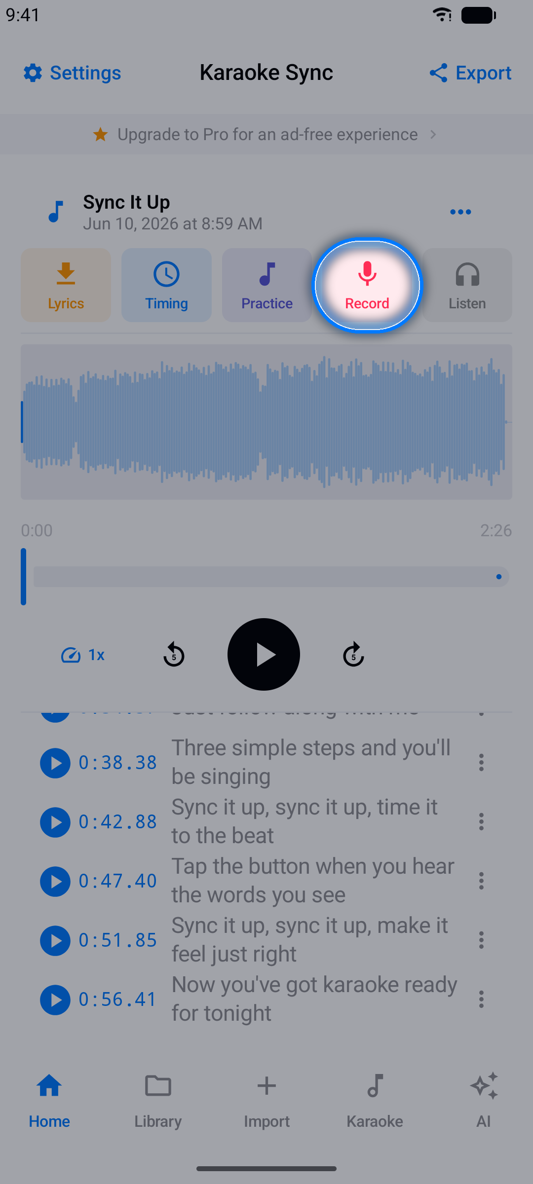 Project editor with the Record button highlighted