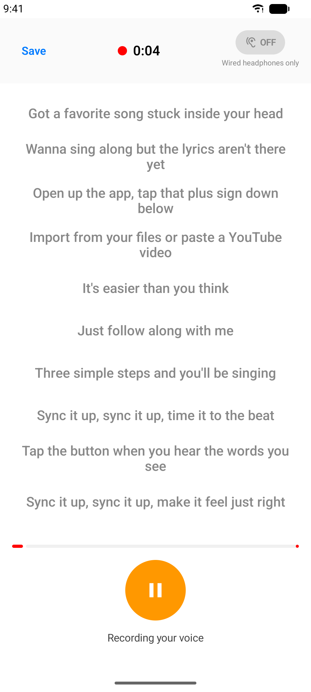 Recording in progress while lyrics scroll