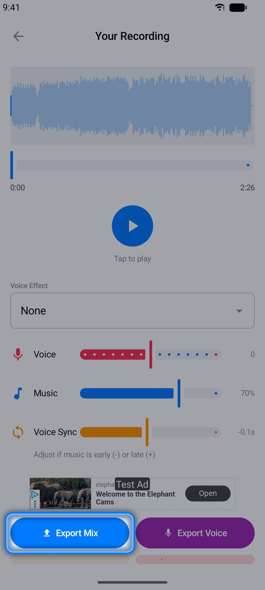Recording playback screen for reviewing your take