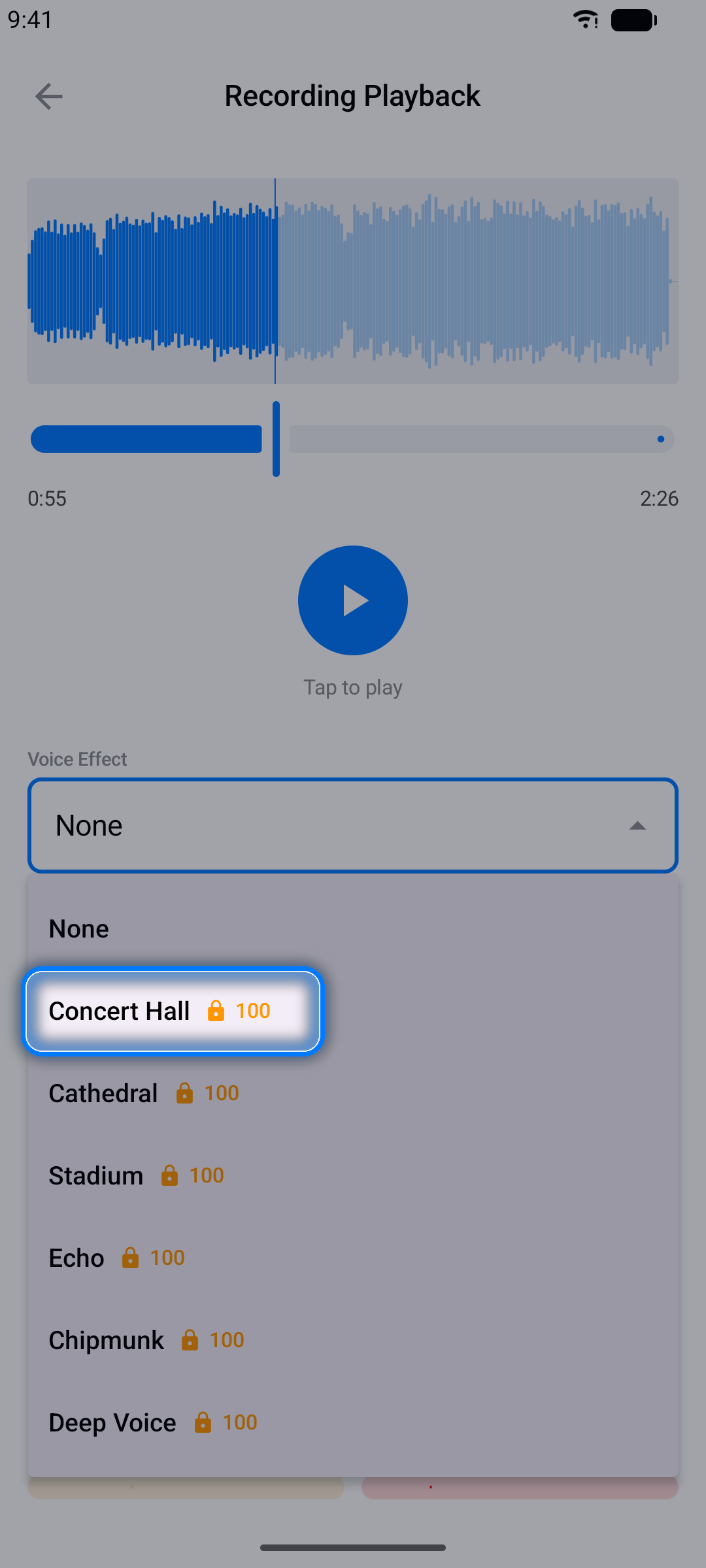 Voice effects picker with selectable effects