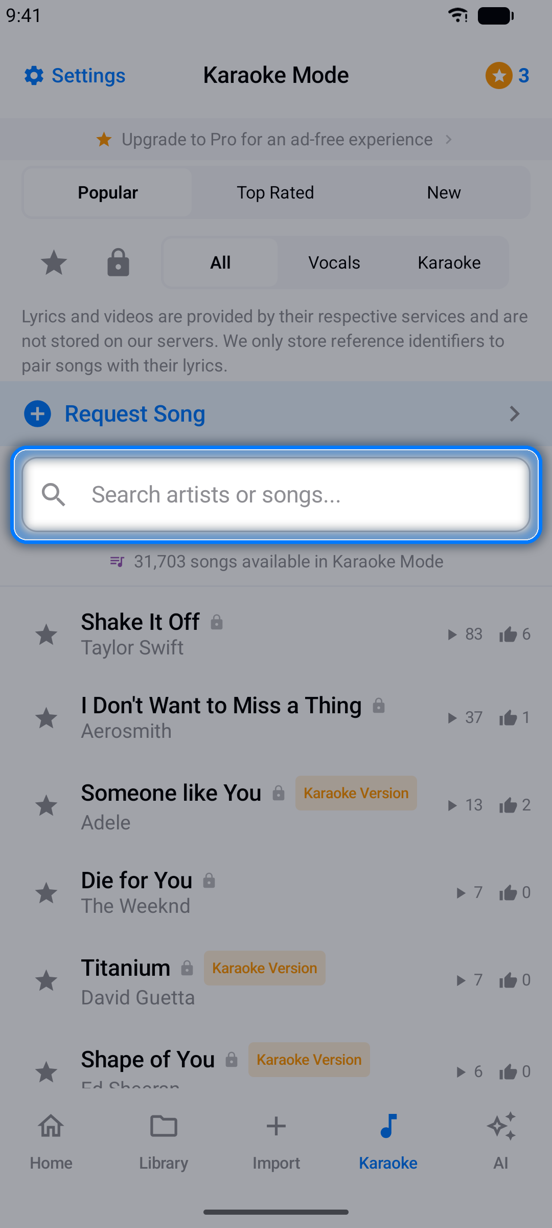 Karaoke tab with the curated song catalog and search