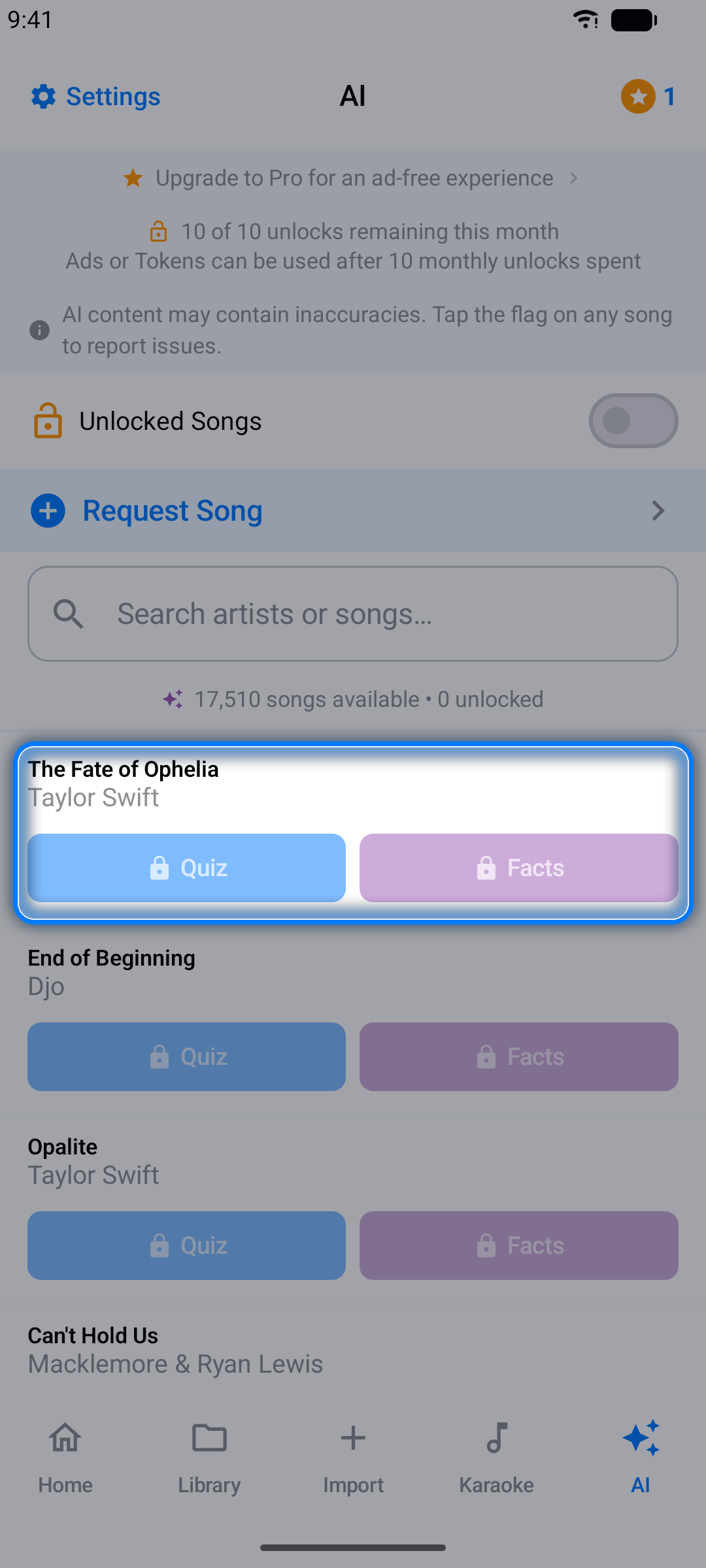 AI tab showing the Song Quiz and Facts catalog