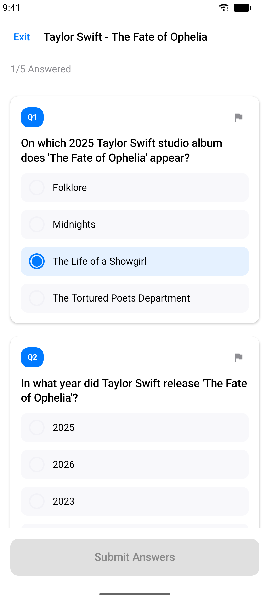 AI Song Quiz question with multiple-choice answers