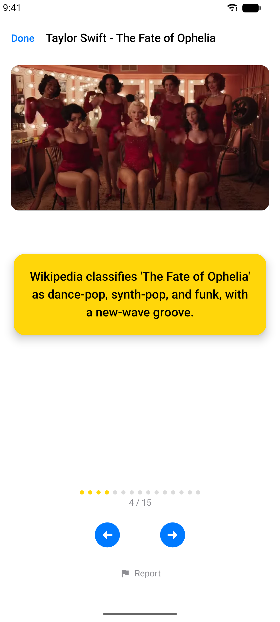 AI Song Facts screen with details about a song