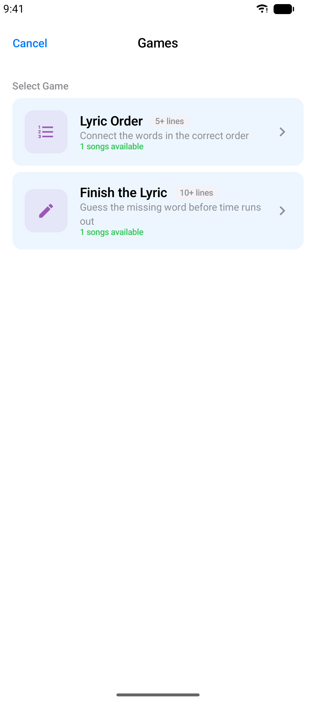 Games catalog with Finish the Lyric and Lyric Order