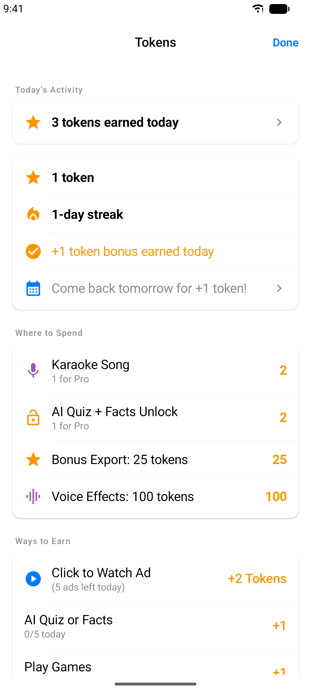 Token balance screen with streaks and earning history