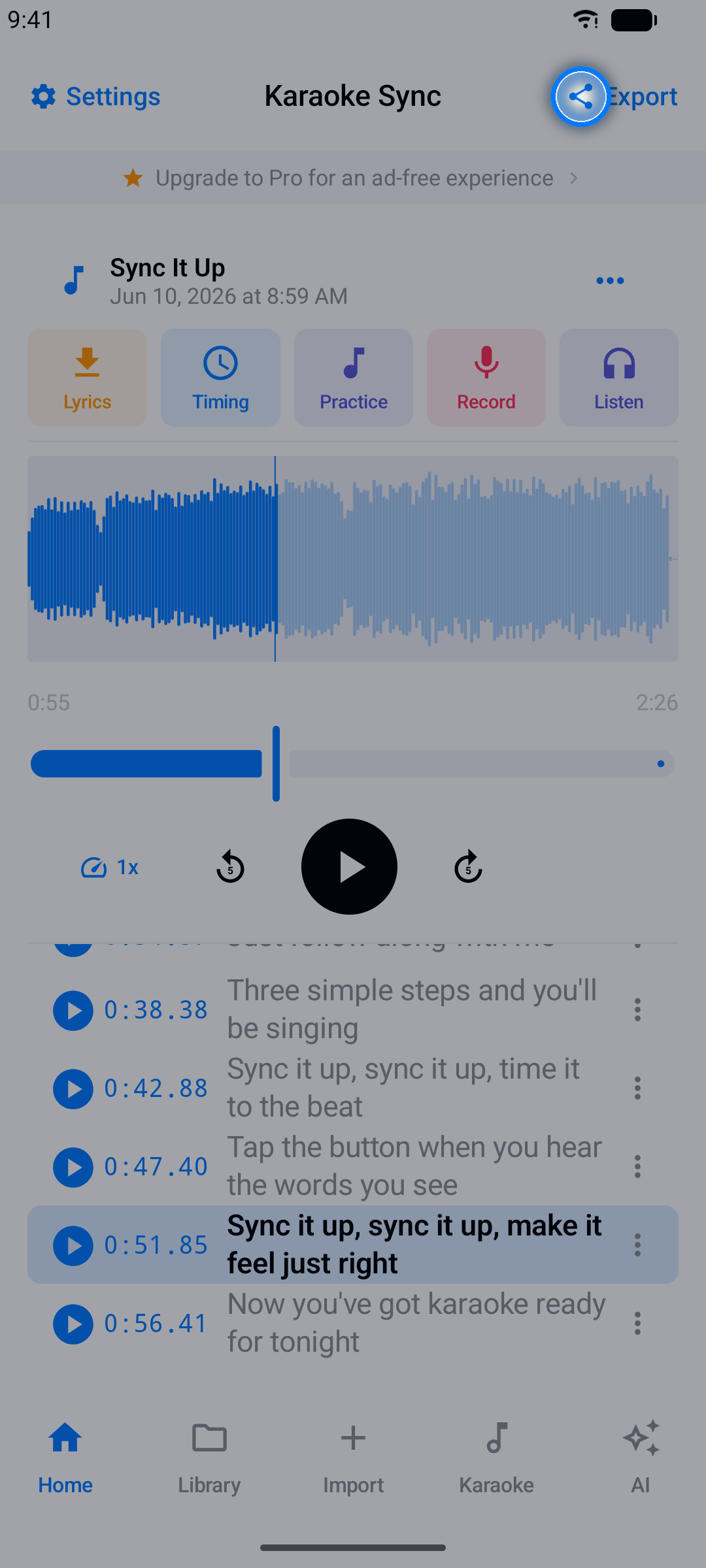 Project editor with the Export button highlighted