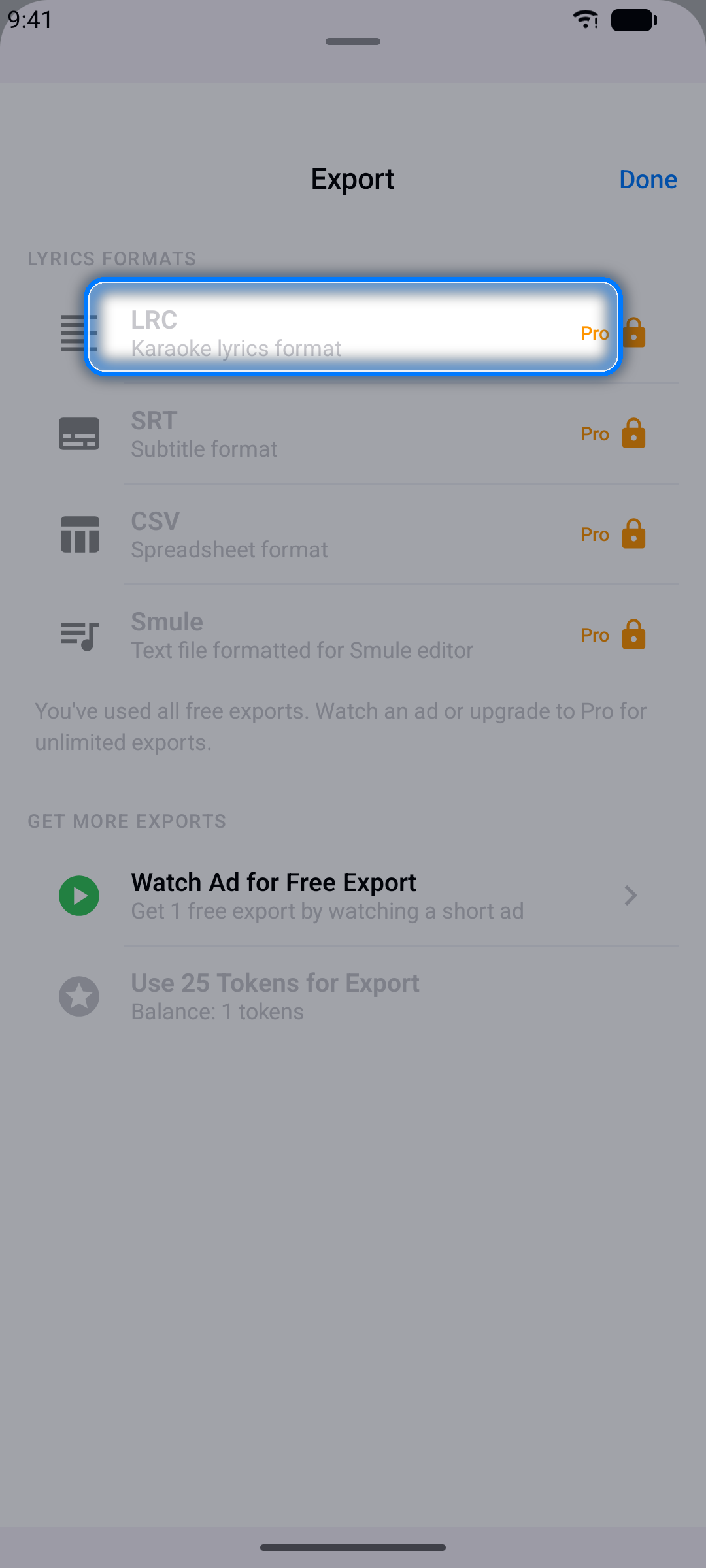 Export screen listing LRC, SRT, CSV, and Smule formats