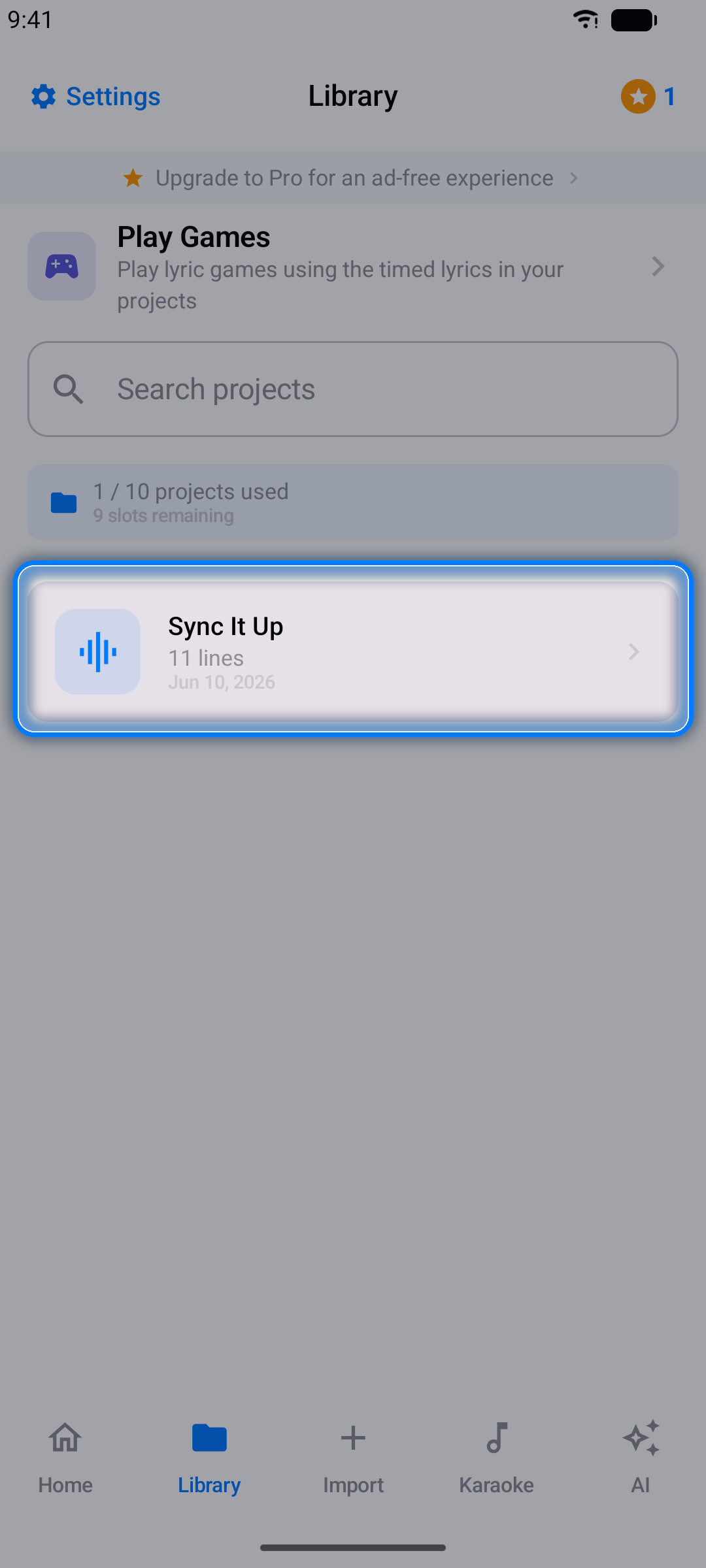 Library tab listing saved projects