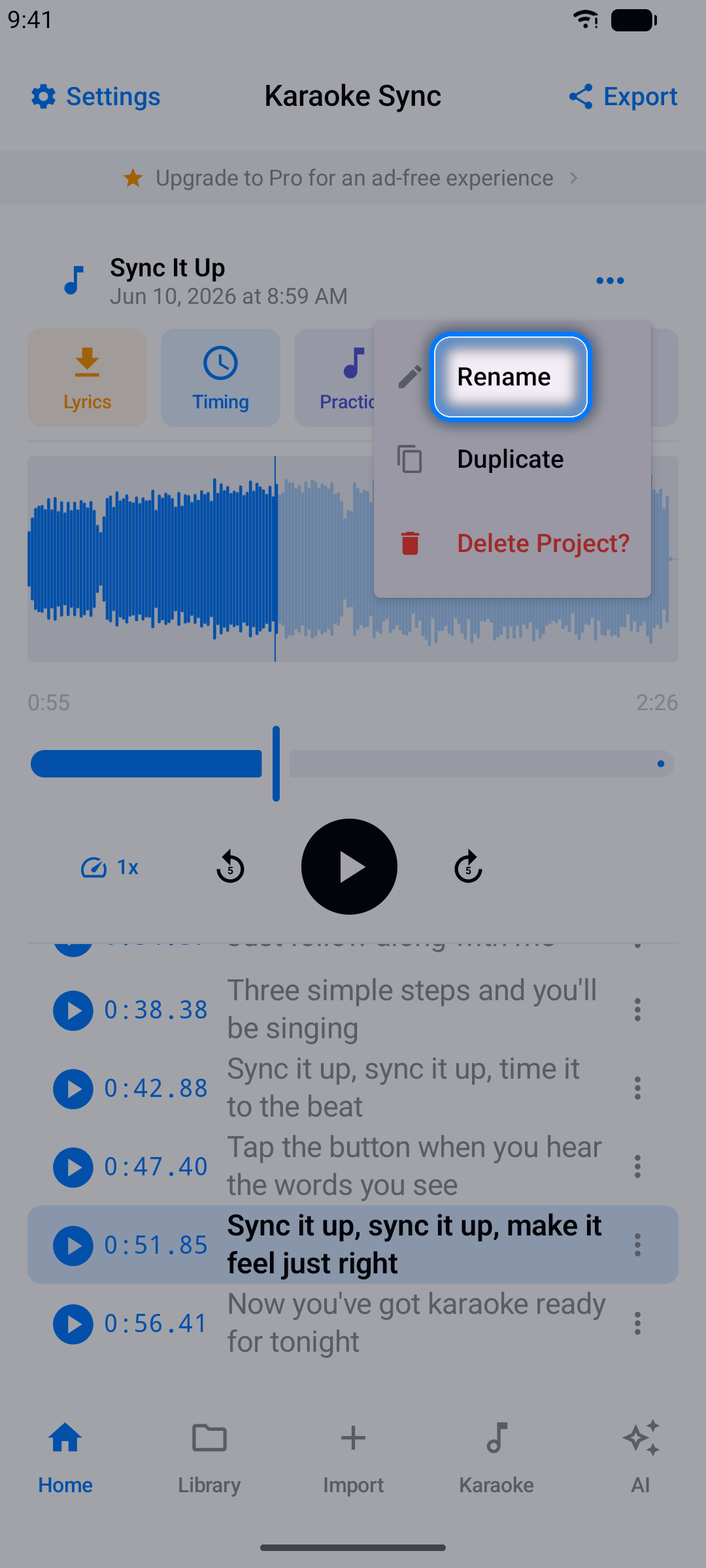 Project menu with the Rename option