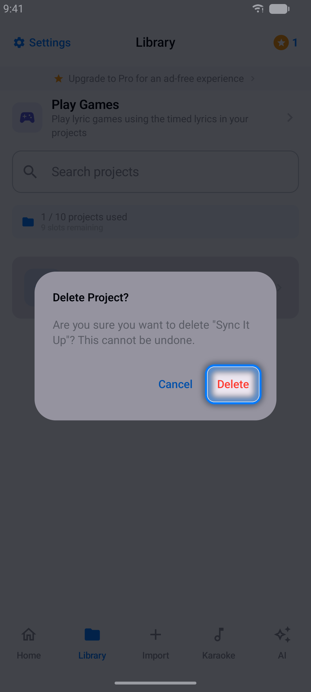Delete confirmation for a project