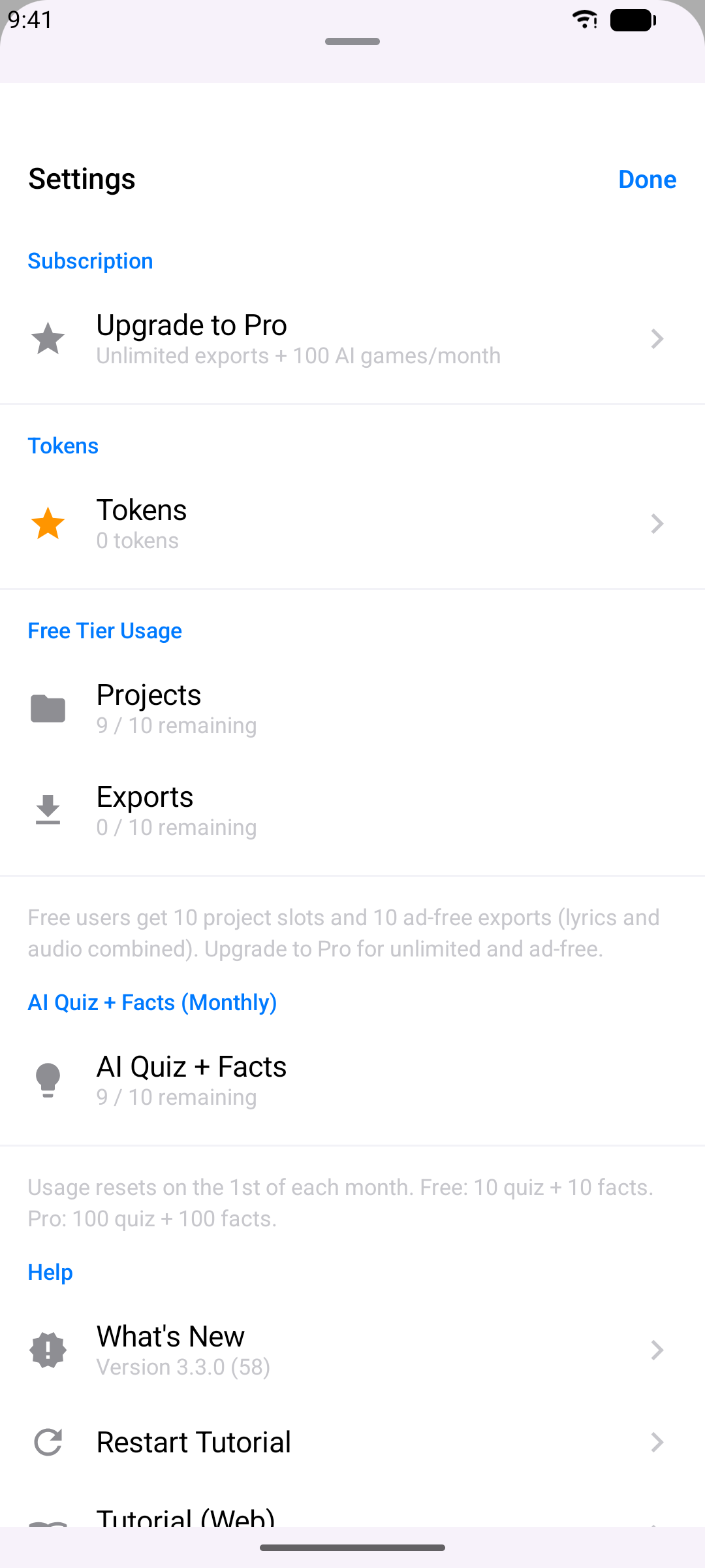 Settings screen with preferences, help, and legal sections