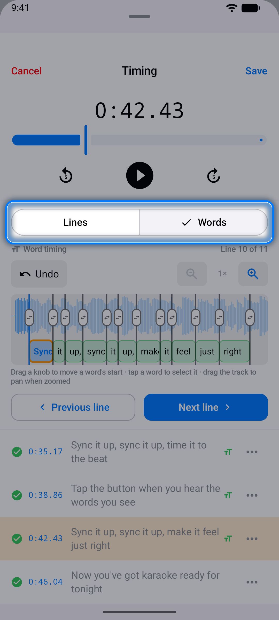 Timing screen in Words mode with the current line's words placed on the waveform timeline and the Lines | Words selector highlighted