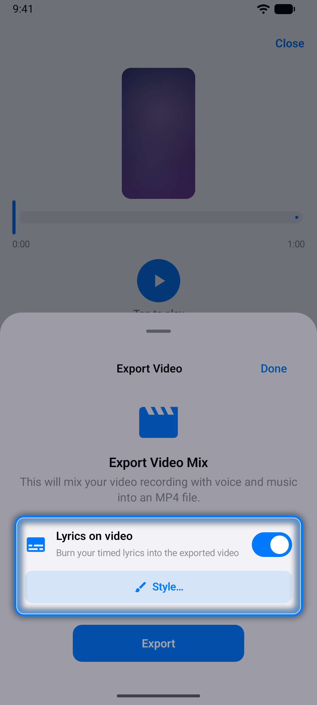 Export Video sheet with the Lyrics on video switch and the Style button highlighted