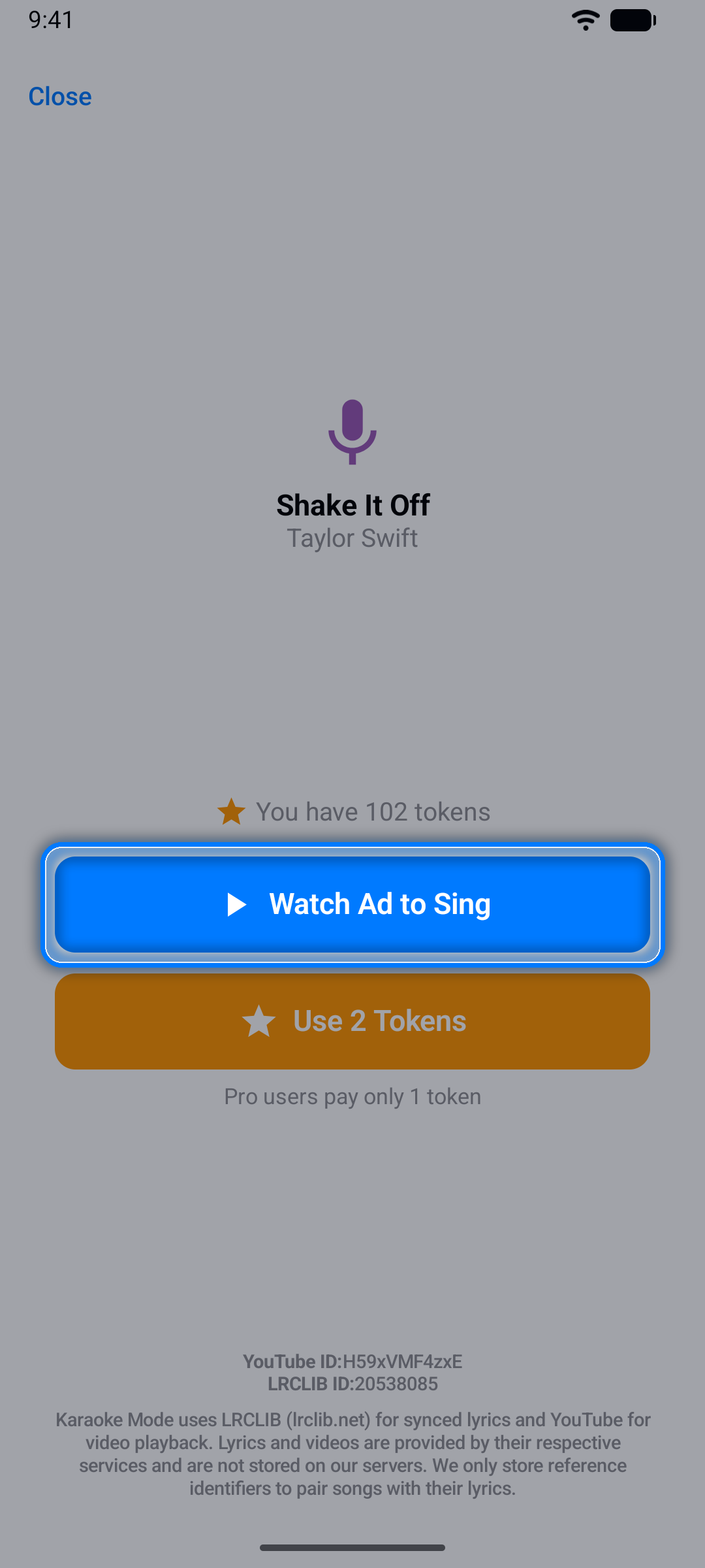 Song unlock screen with Watch Ad to Sing and Use 2 Tokens buttons