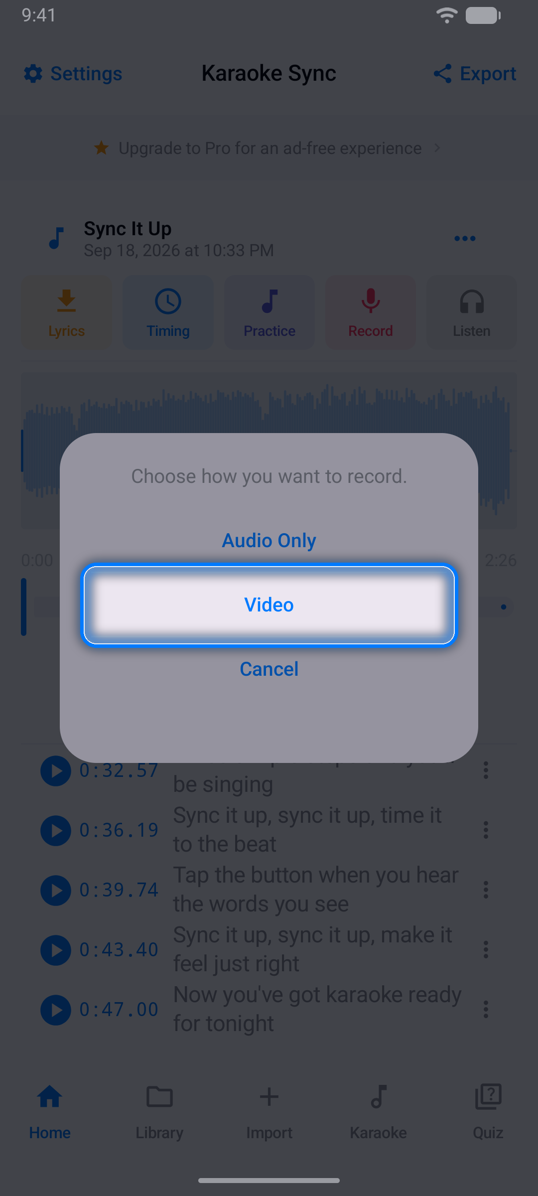 Recording Mode dialog with Audio Only, Video, and Cancel