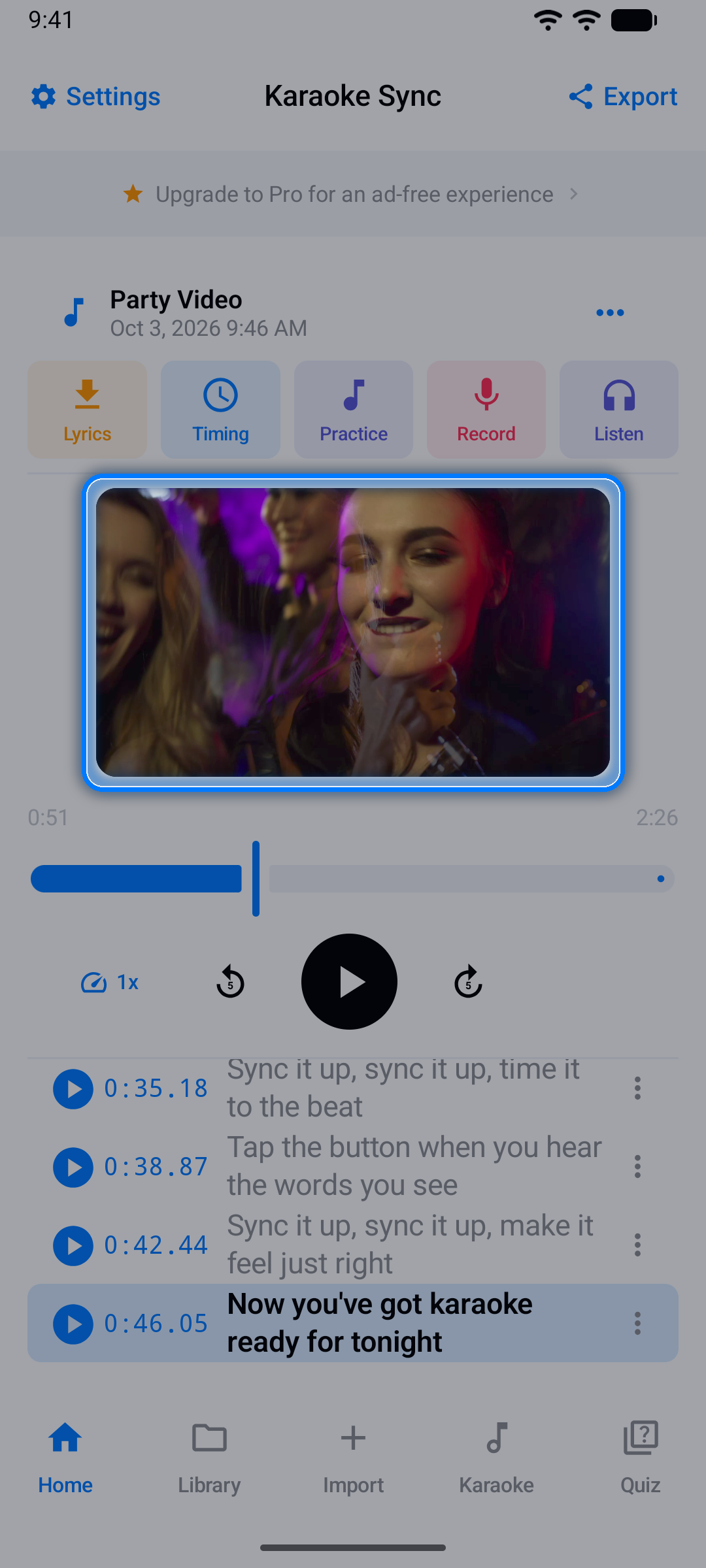 Project editor for a video project, with the imported video playing in place of the waveform above the timed lyrics