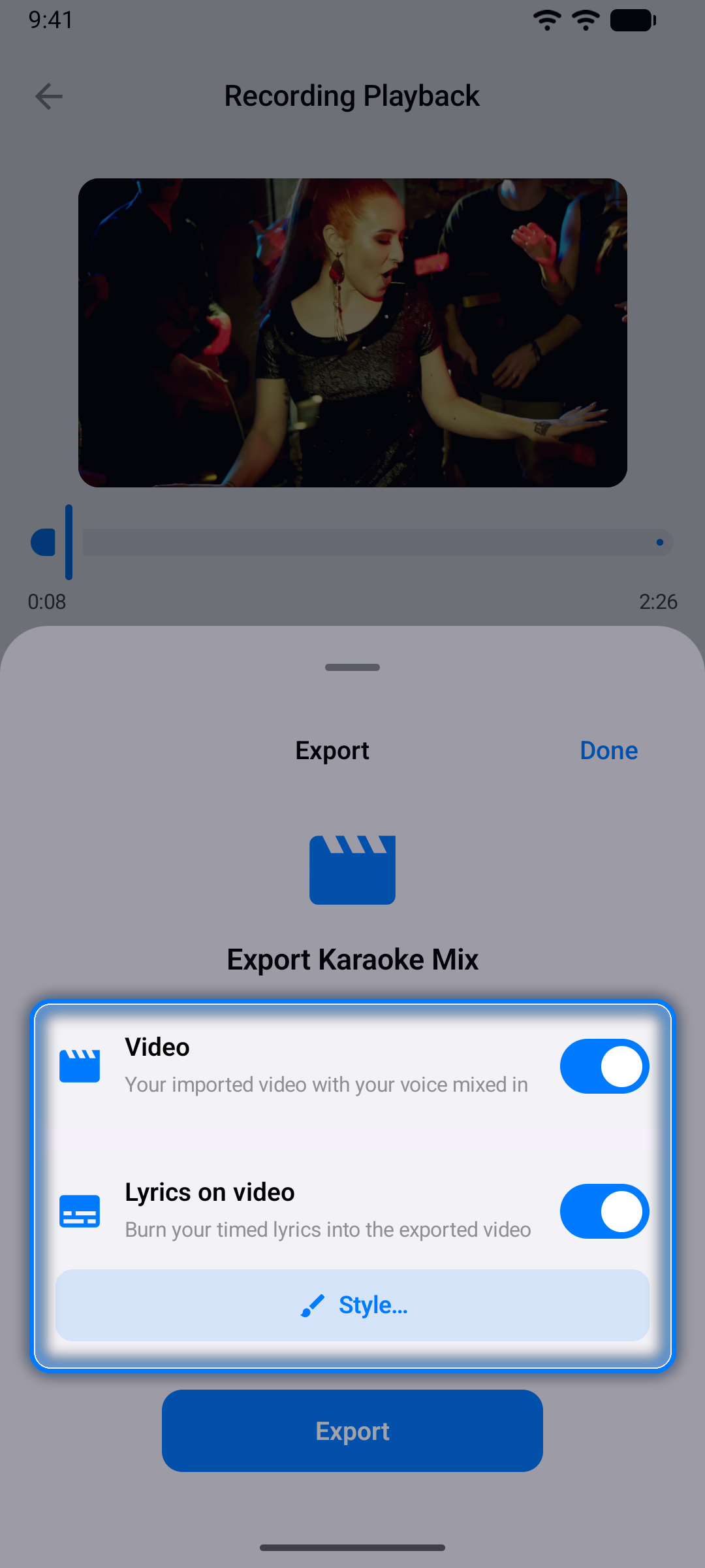 Export Karaoke Mix sheet for an audio take in a video project, with the Video switch on and Lyrics on video with Style…