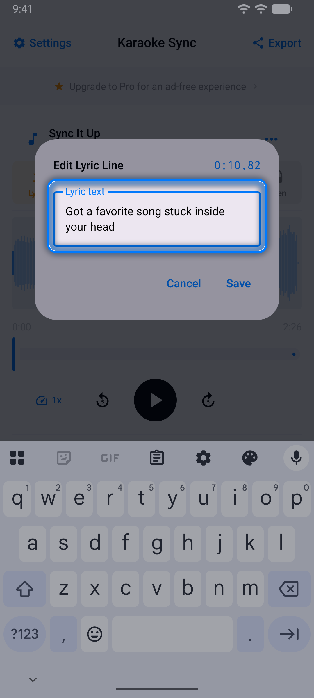 Edit Lyric Line editor open over the lyric list with the line's time and the keyboard showing Next