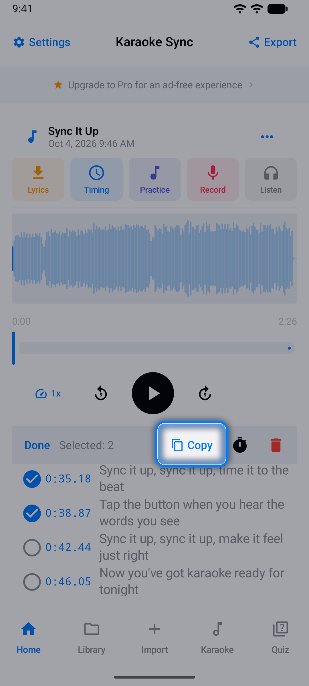 Lyric list in selection mode with two lines checked and the bar with Done, Selected: 2, Copy, Adjust Timing, and Delete