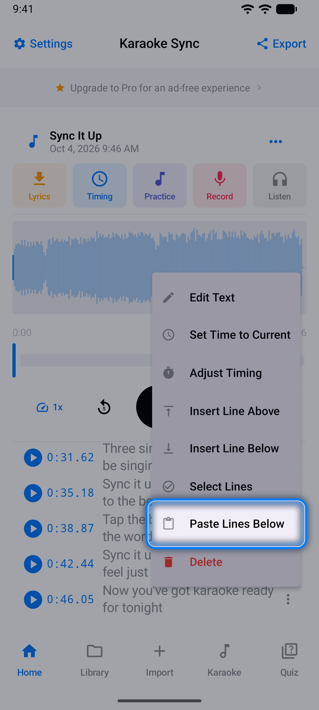 A lyric line's menu with Select Lines and Paste Lines Below