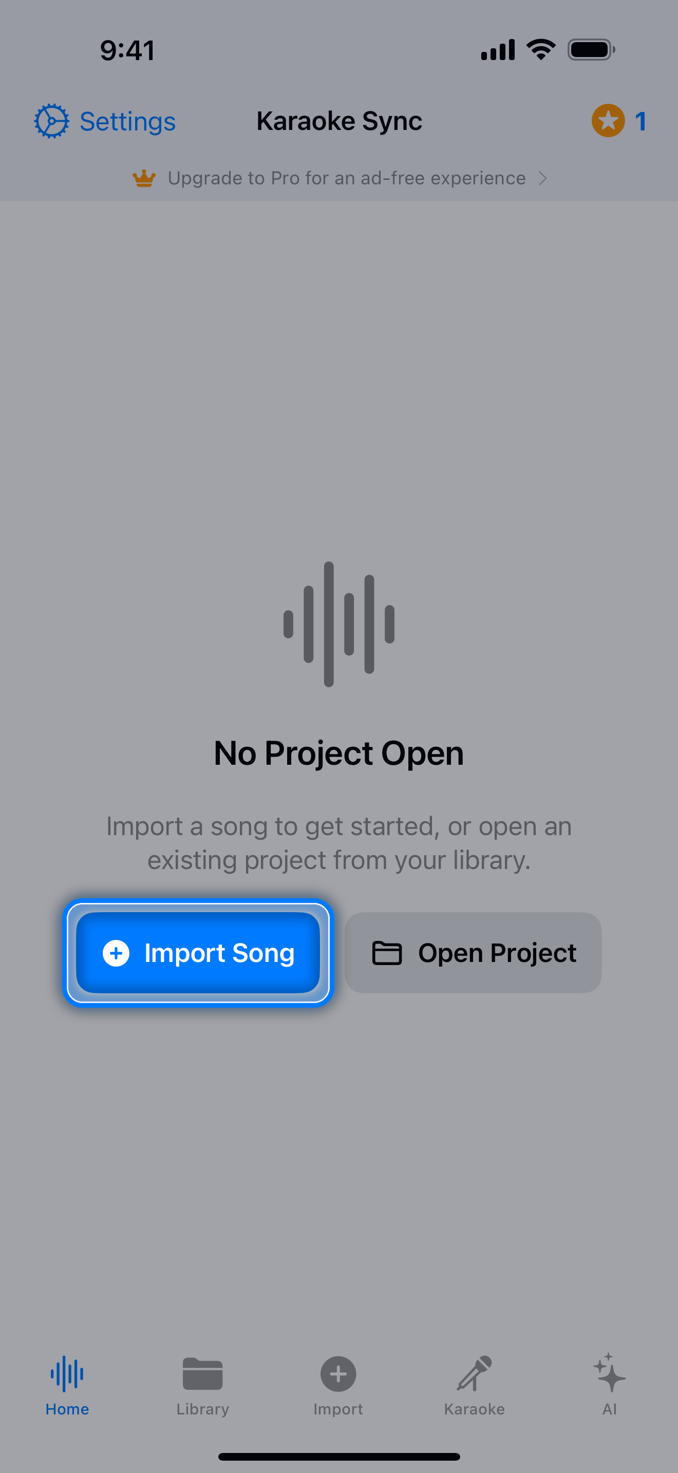 Home tab with no project open, showing the Import Song button