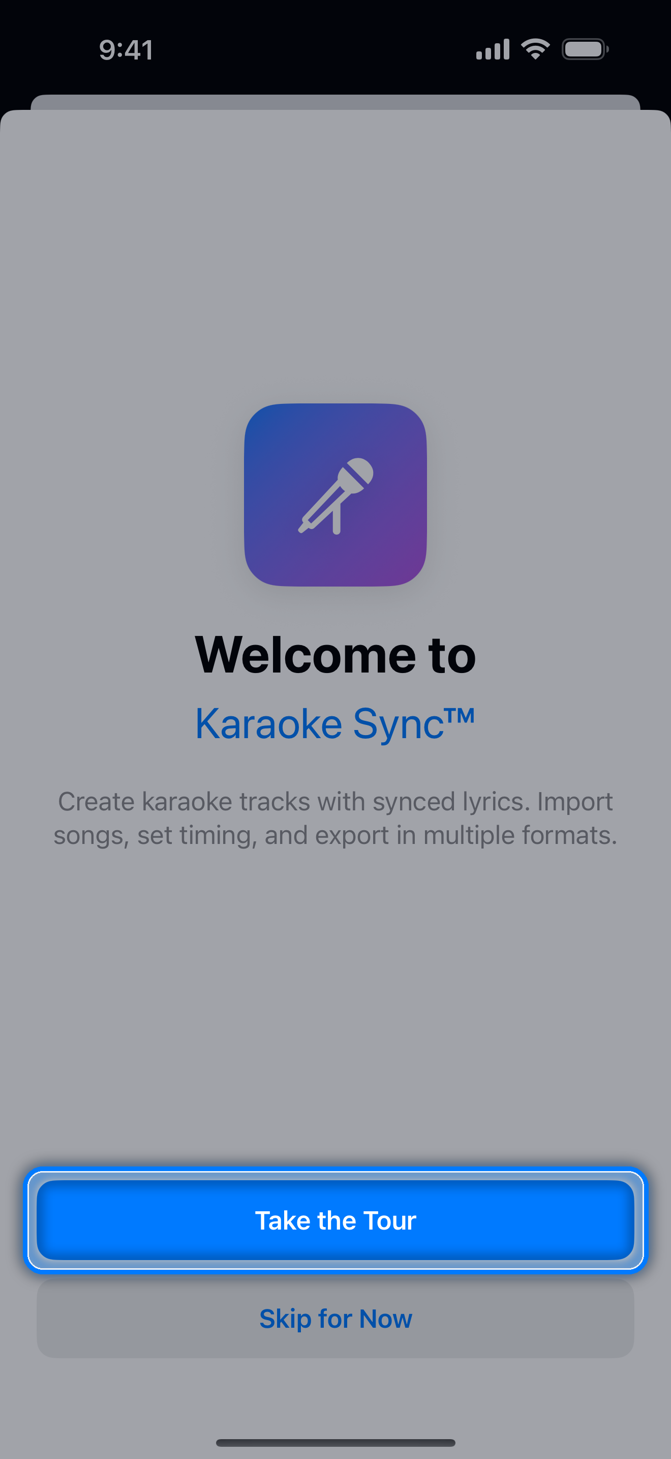 First-launch welcome screen with Take the Tour and Skip for Now options