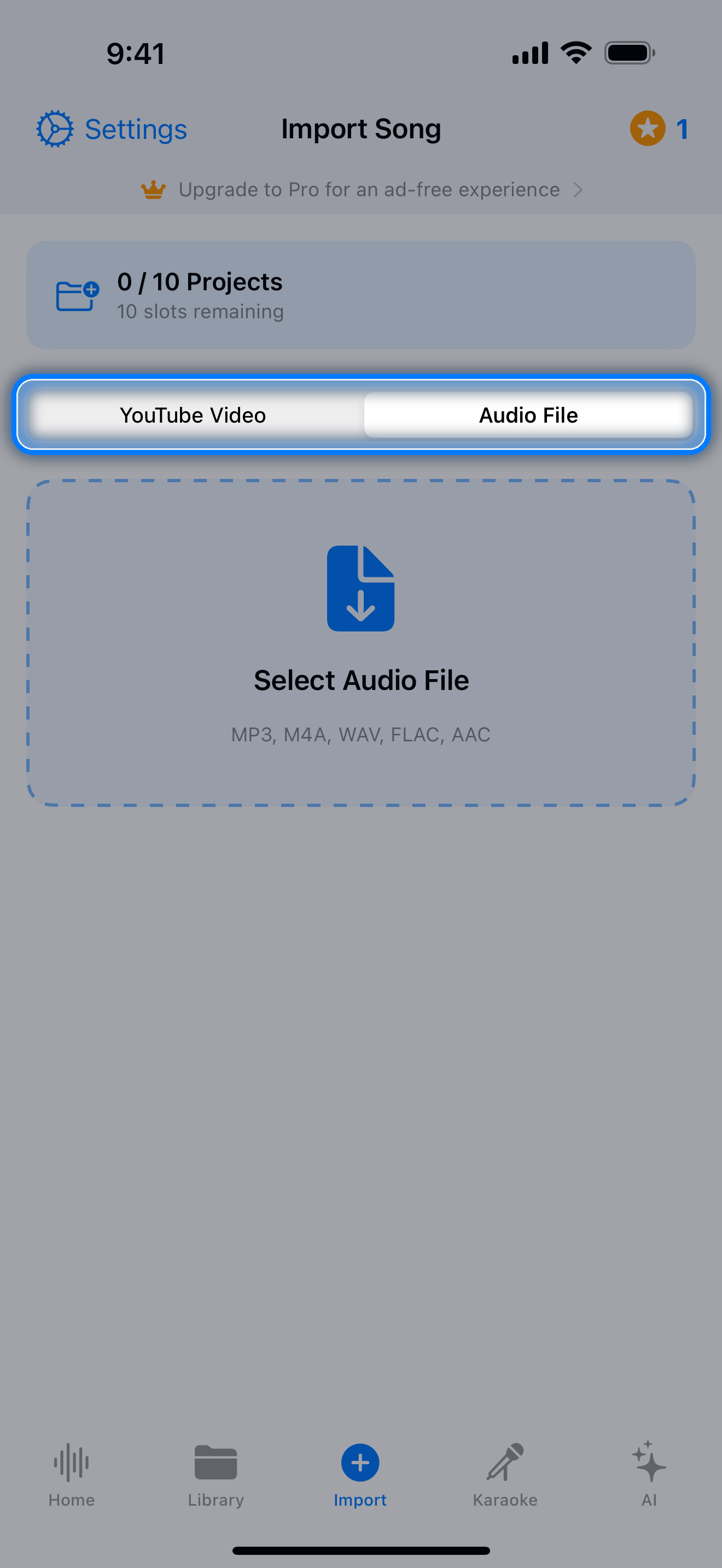Import screen with the Audio File source selected