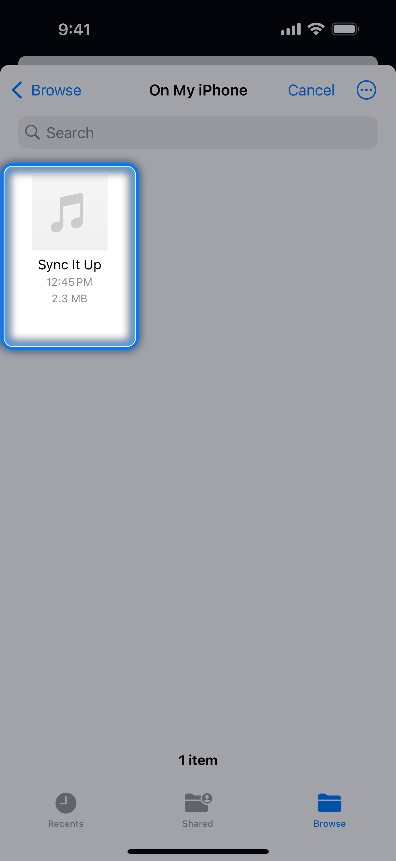 File picker showing the song file to import