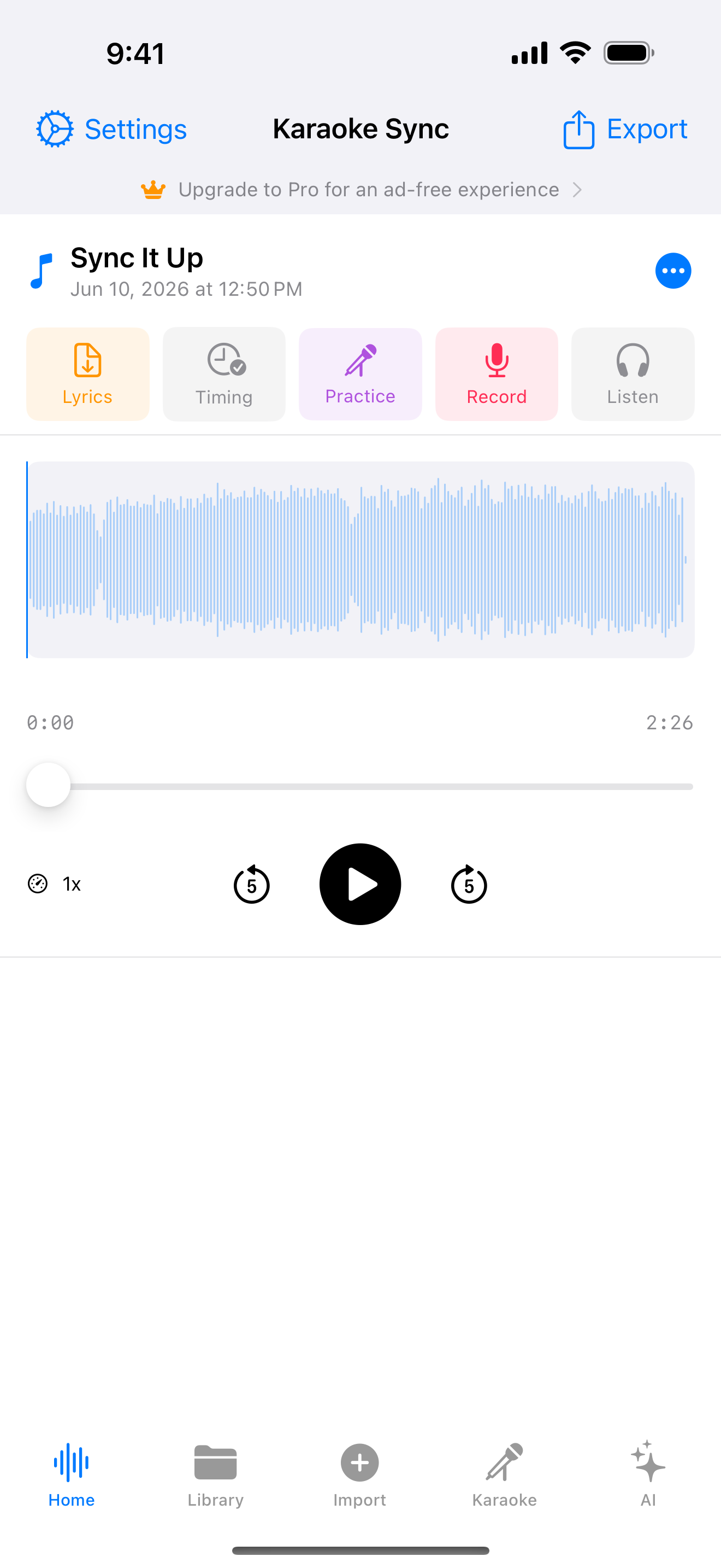 Project editor right after import, showing the audio waveform