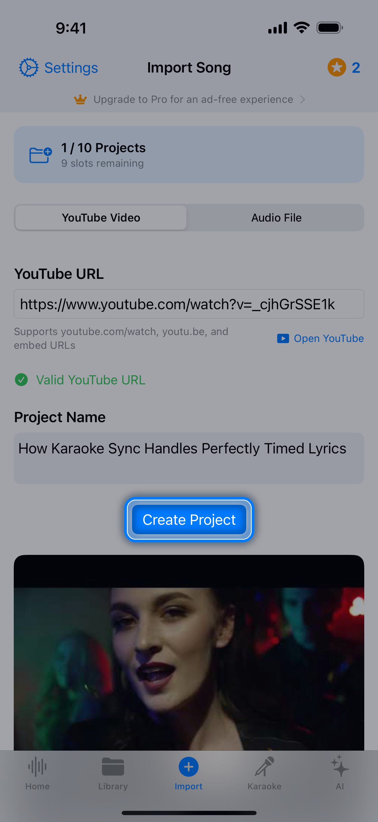 Import screen with a YouTube URL pasted and the video title filled in