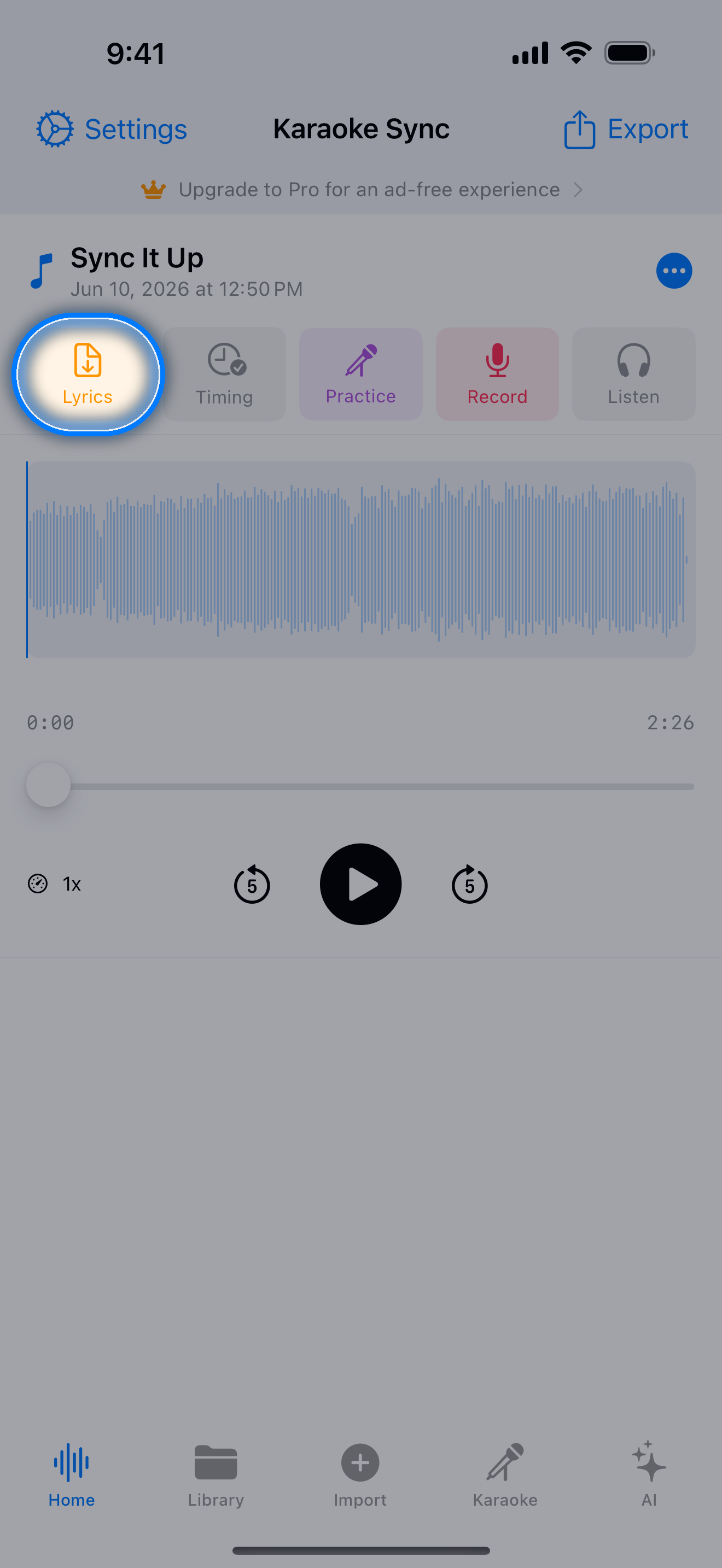 Project editor with the lyrics import button highlighted