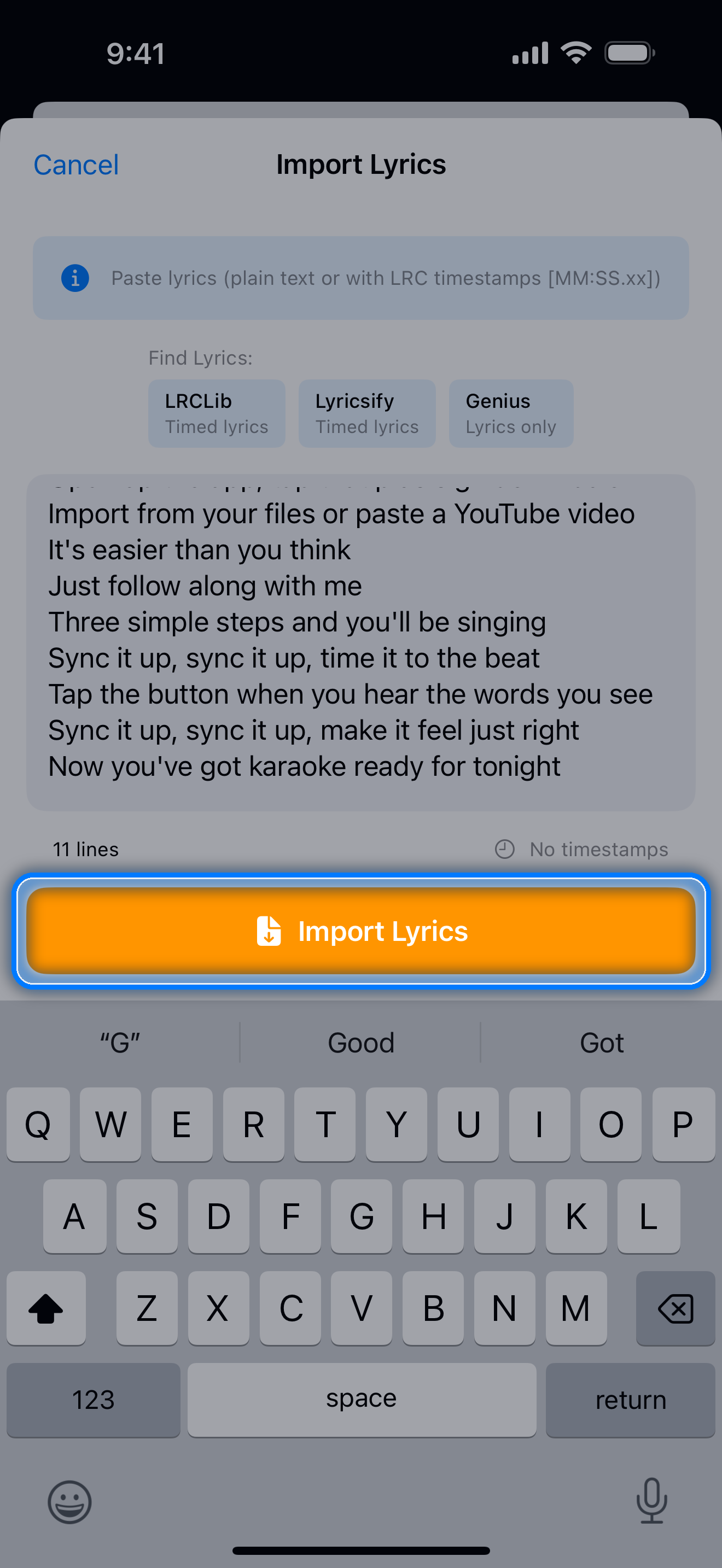 Lyrics editor with pasted lyrics and a line count