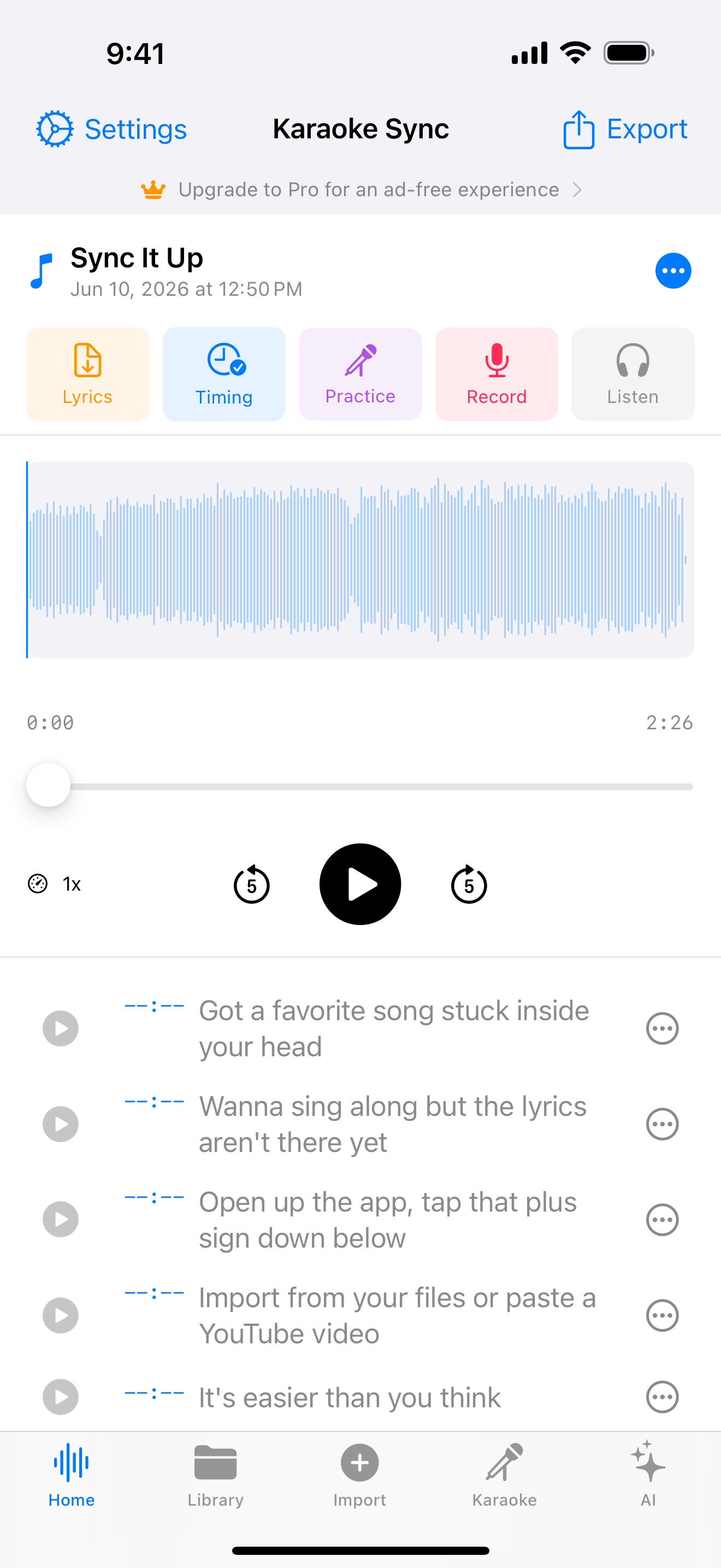 Project editor listing the imported, untimed lyric lines