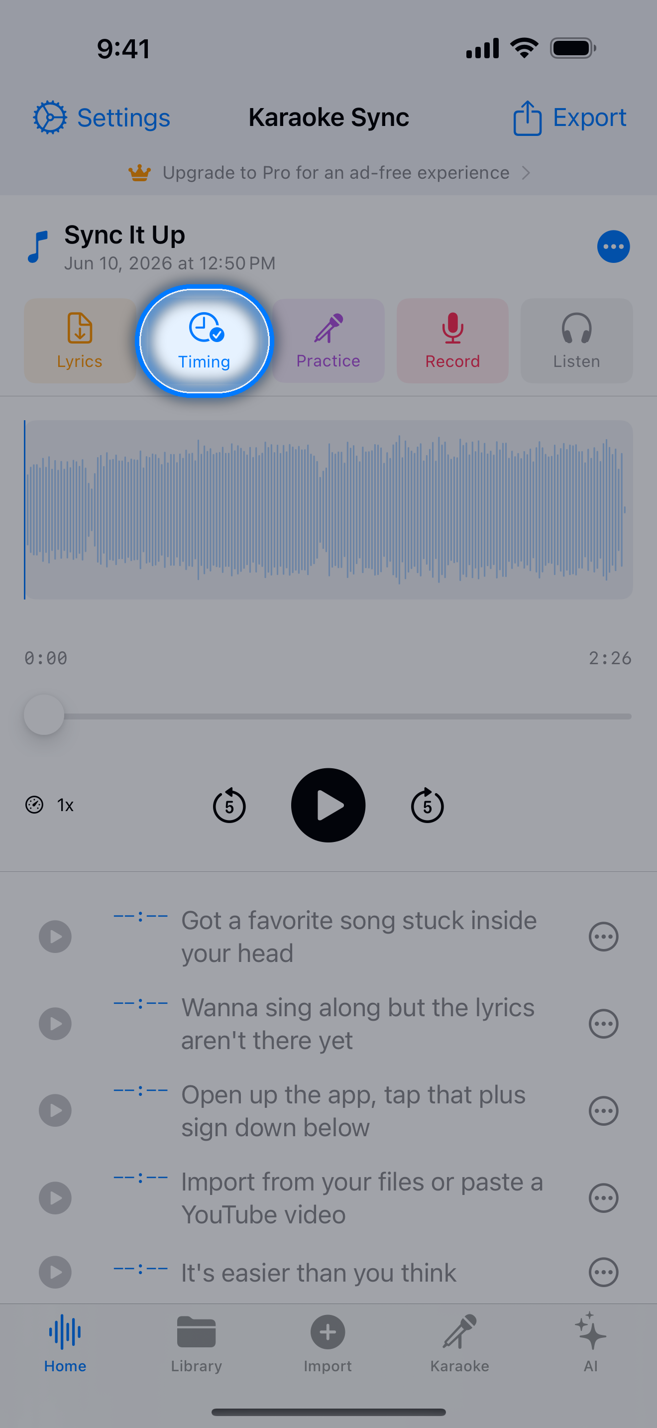 Project editor with the Timing button highlighted