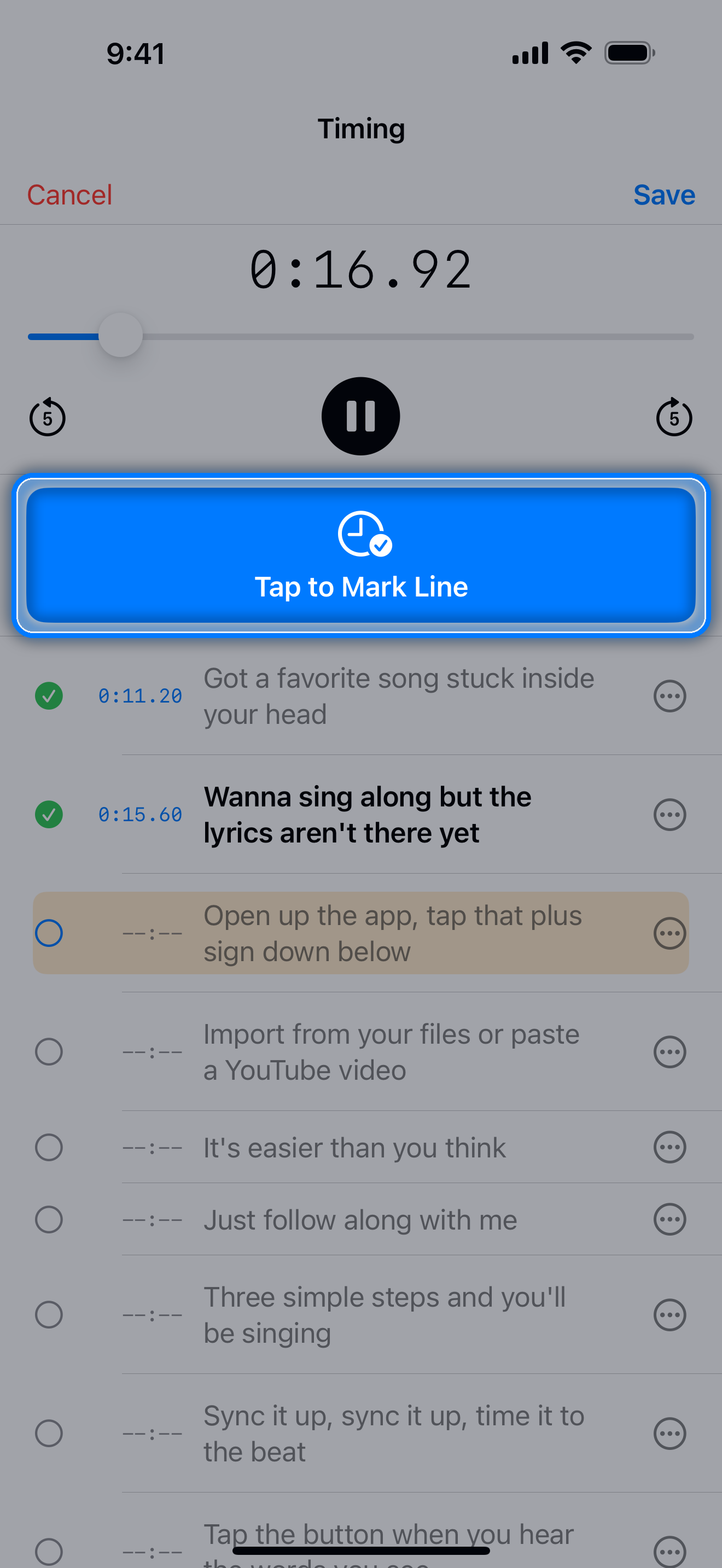 Timing in progress with the Tap to Mark Line button highlighted