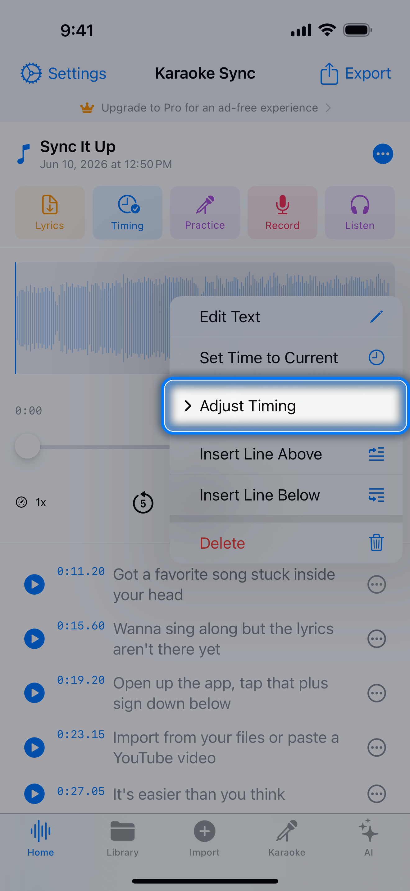 Lyric line options menu opened from the three-dot button